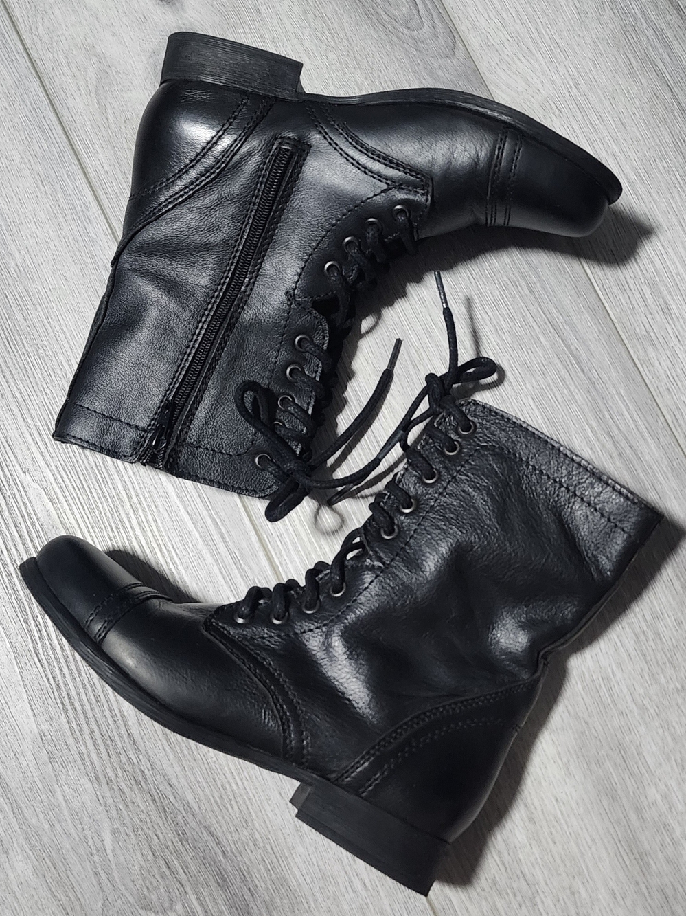Steve Madden Troopa Combat Lace Up Zipper Black Leather Boots Womens Size 7.5